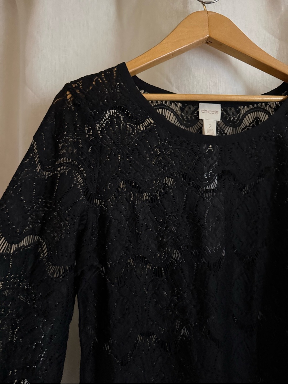 NWT Chico’s Lace Tunic Top size 2 L Black Sheer Lace Bell Sleeve Romantic Boho